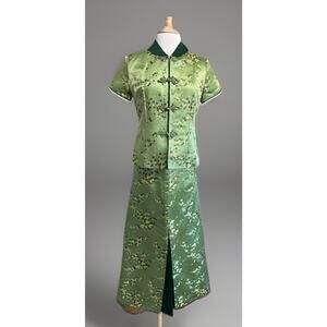 Vintage 60s Sage Green Floral Skirt and Top 2pc M Cheongsam Set Embroidered Frog